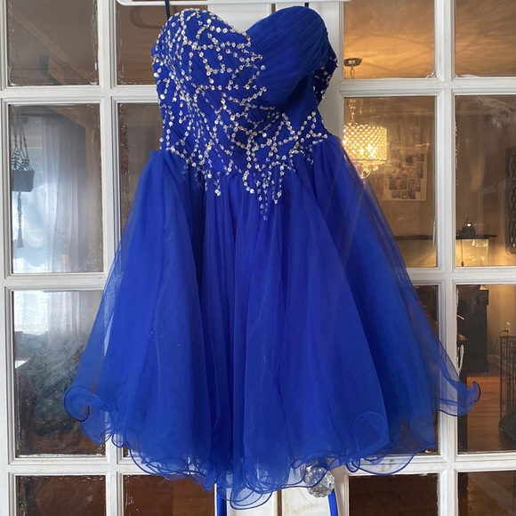 Royal blue strapless/short prom dress with gems - Picture 1 of 4